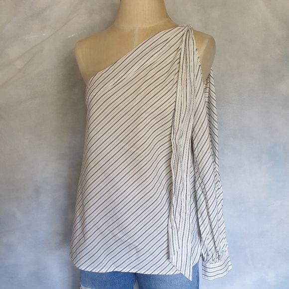 BP. Black & White Pinstripe Split Long Sleeve One Shoulder Dress Blouse Sz XXS - Picture 5 of 16